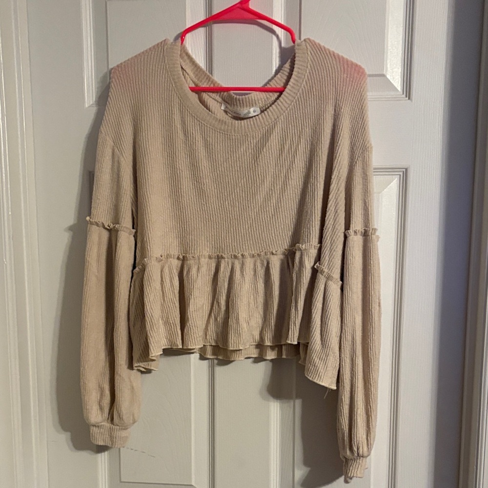 Beige Ruffled Long Sleeve Top